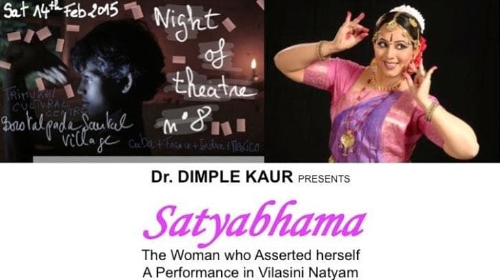 Poster for Satyabhama, the woman who asserted herself, a Vilasini Natyam performance by Dr. Dimple Kaur at The Night of Theatre n°8, February 14, 2015